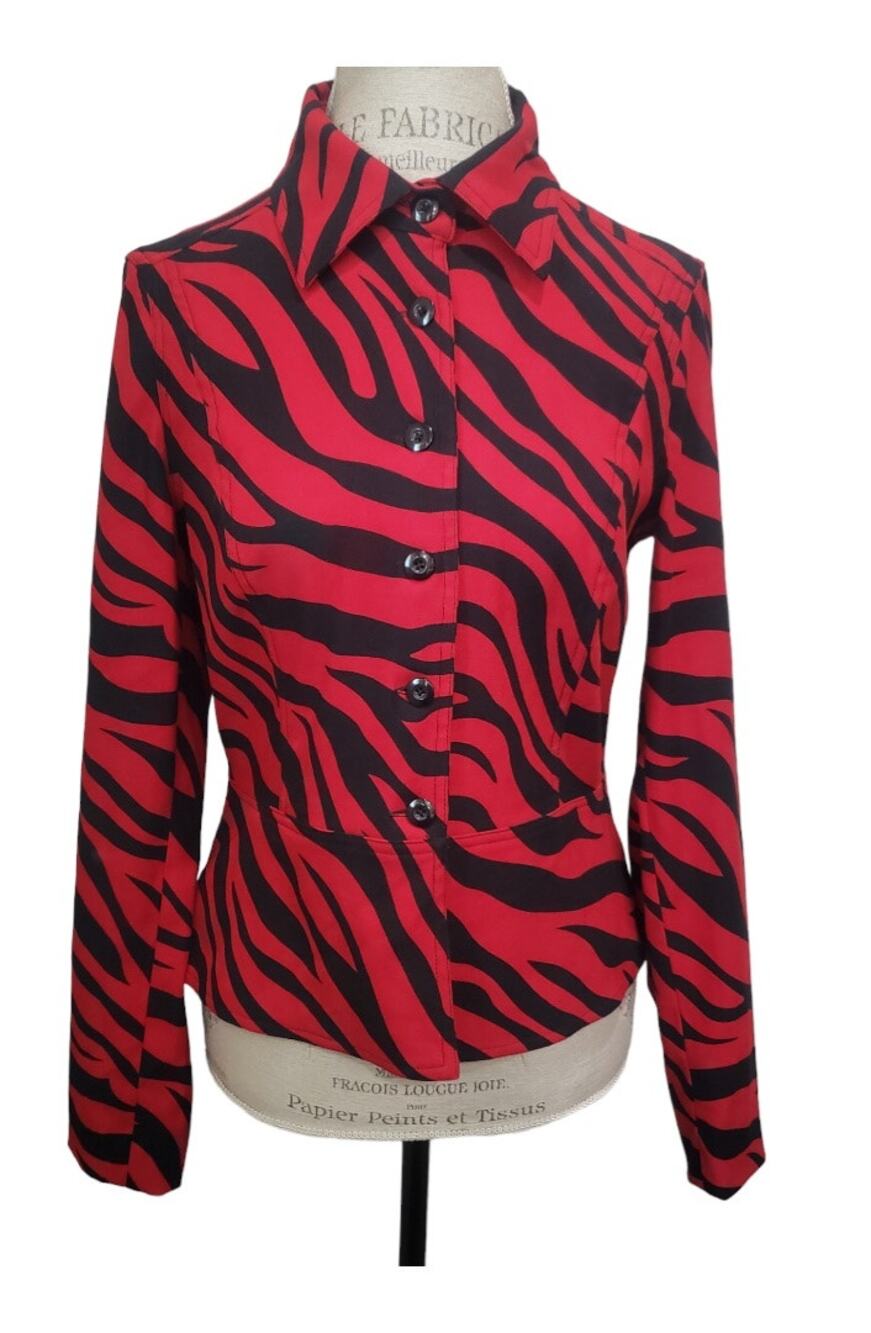 Ellen & Company Red & Black Zebra Striped Print Button Up Blazer Suit Jacket